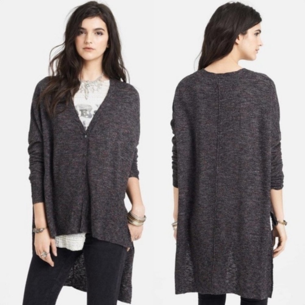Free People TGIF Cardigan Oversized Sz XS Hi-Low Marled Knit V- Neck Snap Button
